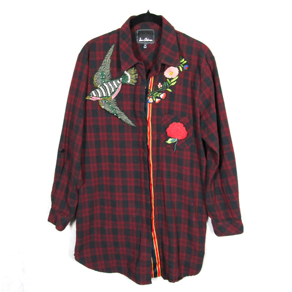 Sam Edelman Shirt Size Medium Tunic Red Plaid Patch Embroidered Plaid Shacket - Picture 1 of 14
